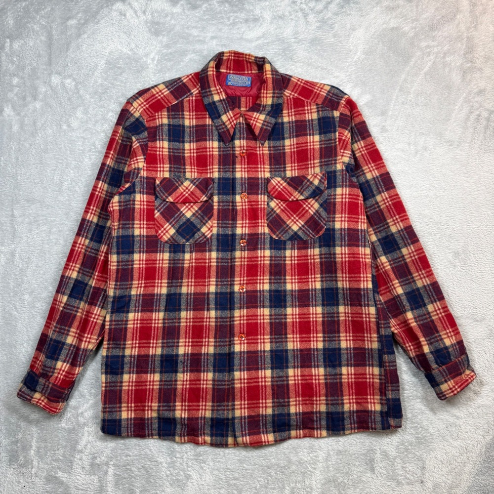 Vintage Pendleton Board Shirt Mens L Red Plaid Wool Flannel Distressed READ 70s